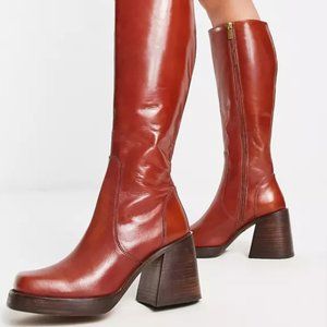 ASOS DESIGN Cracking leather mid-heel knee boots in brown size 6 US New in Box